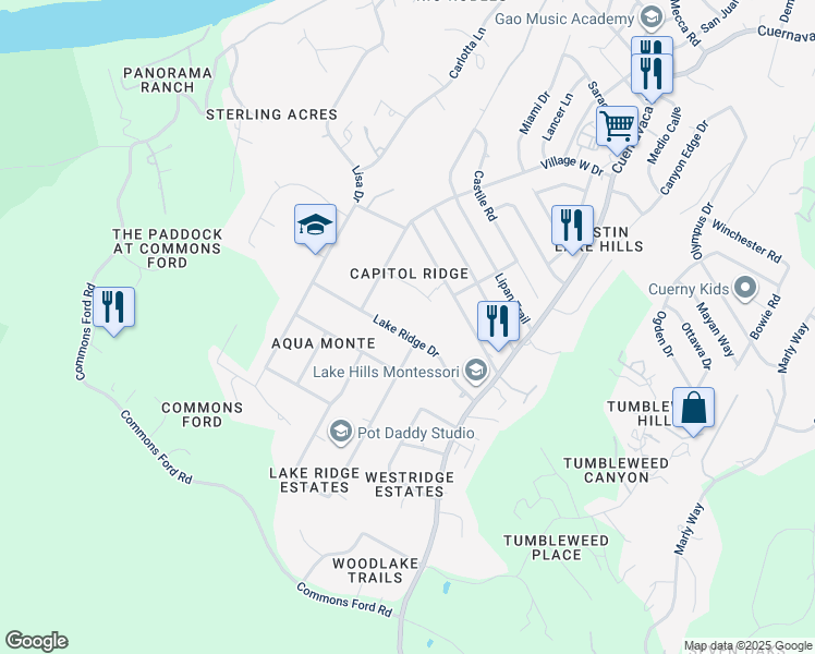map of restaurants, bars, coffee shops, grocery stores, and more near 9910 Lake Ridge Drive in Austin