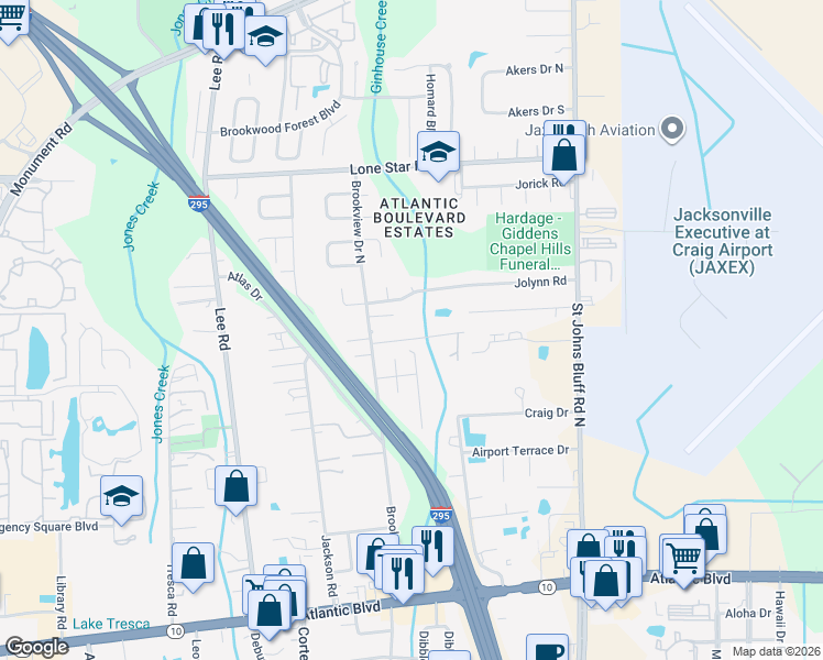 map of restaurants, bars, coffee shops, grocery stores, and more near 10345 Seal Rd in Jacksonville