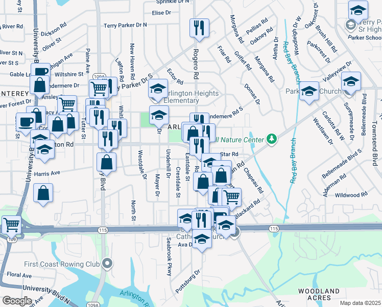 map of restaurants, bars, coffee shops, grocery stores, and more near 6644 Arlington Road North in Jacksonville