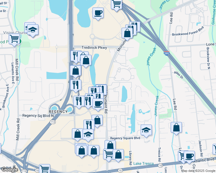 map of restaurants, bars, coffee shops, grocery stores, and more near 451 Monument Road in Jacksonville