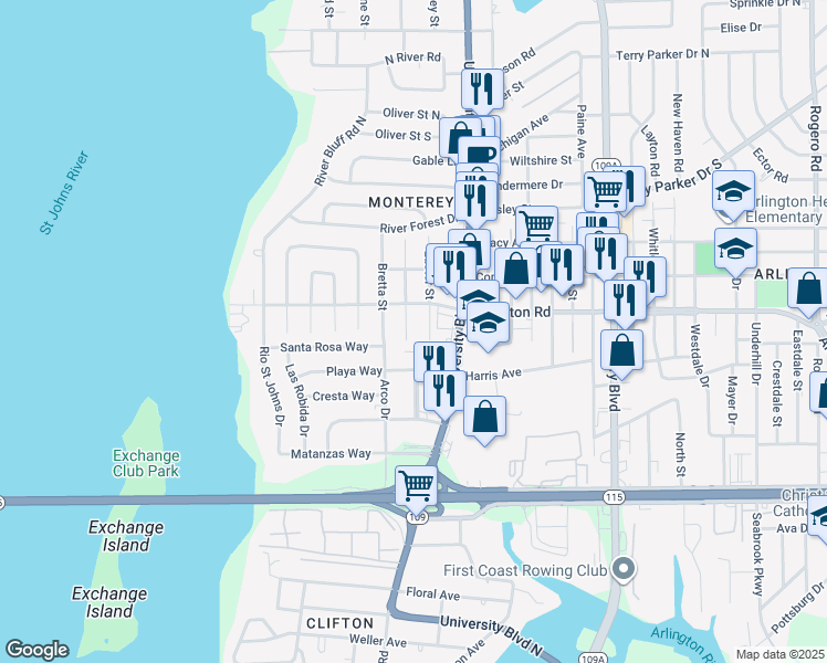 map of restaurants, bars, coffee shops, grocery stores, and more near 1224 Easter Street in Jacksonville