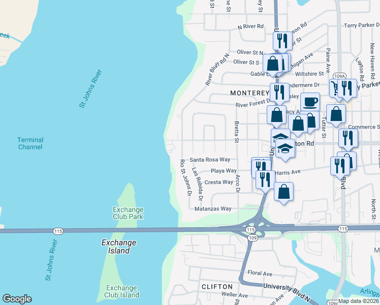 map of restaurants, bars, coffee shops, grocery stores, and more near 1209 Rio Saint Johns Drive in Jacksonville