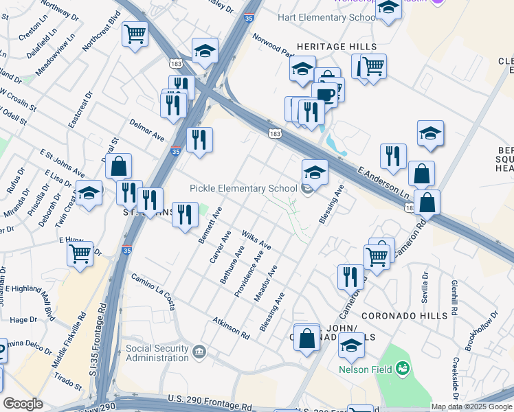 map of restaurants, bars, coffee shops, grocery stores, and more near 7404 Bethune Avenue in Austin