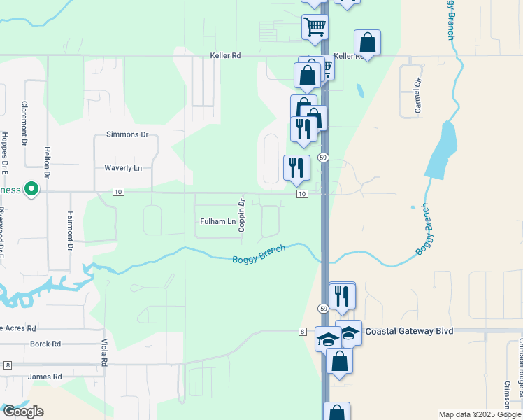 map of restaurants, bars, coffee shops, grocery stores, and more near Holmes Avenue in Foley