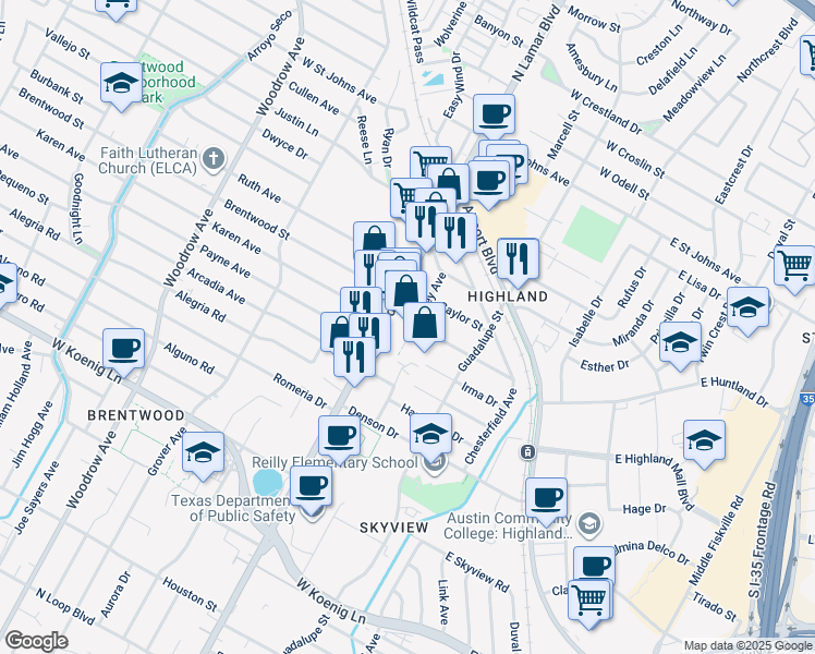 map of restaurants, bars, coffee shops, grocery stores, and more near 6601 Shirley Avenue in Austin