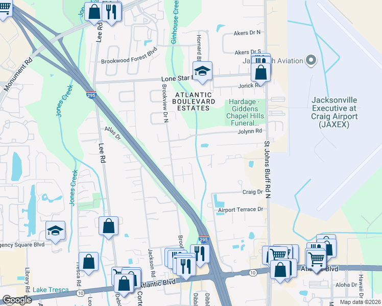 map of restaurants, bars, coffee shops, grocery stores, and more near 10345 Seal Road in Jacksonville