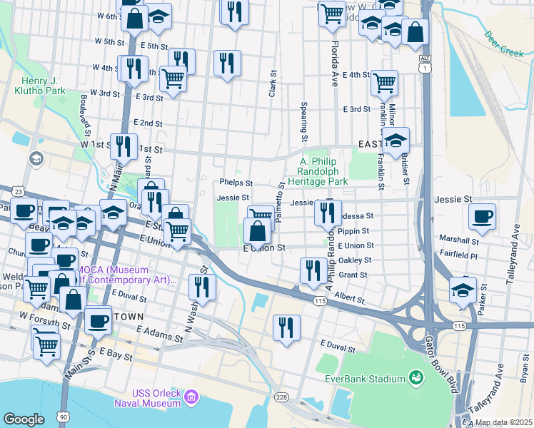 map of restaurants, bars, coffee shops, grocery stores, and more near 535 Odessa Street in Jacksonville