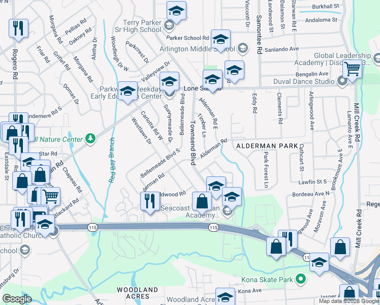 map of restaurants, bars, coffee shops, grocery stores, and more near 1018 Townsend Boulevard in Jacksonville