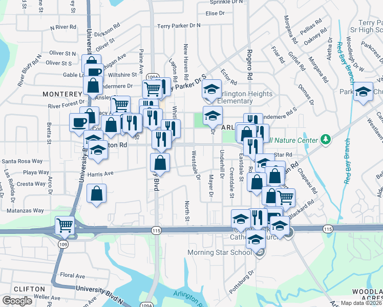map of restaurants, bars, coffee shops, grocery stores, and more near 1220 Westdale Drive in Jacksonville