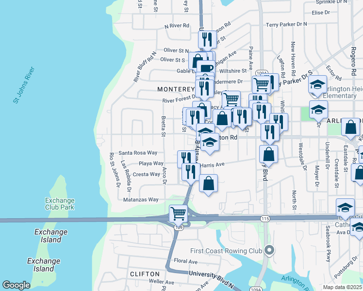map of restaurants, bars, coffee shops, grocery stores, and more near 1224 Easter Street in Jacksonville