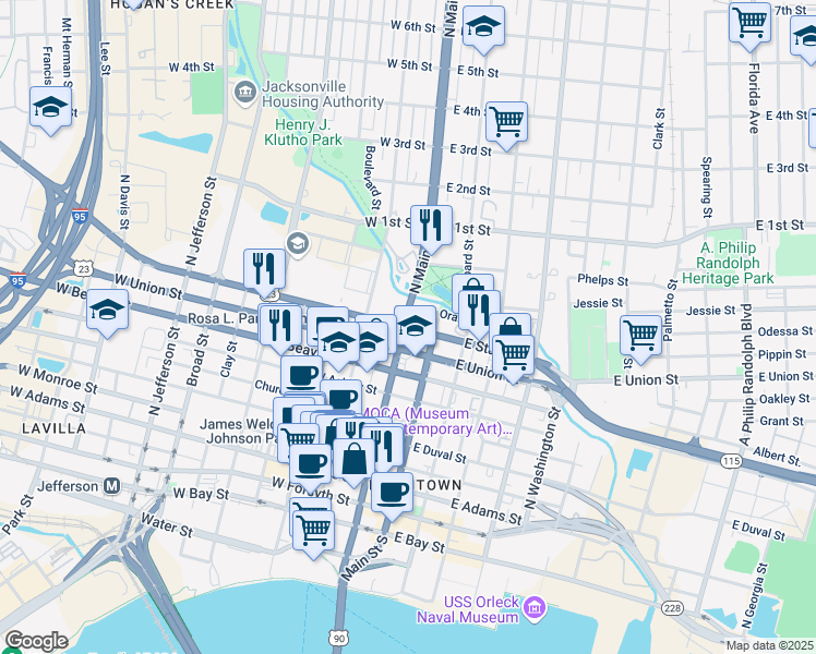 map of restaurants, bars, coffee shops, grocery stores, and more near 9 U.S. 1 in Jacksonville