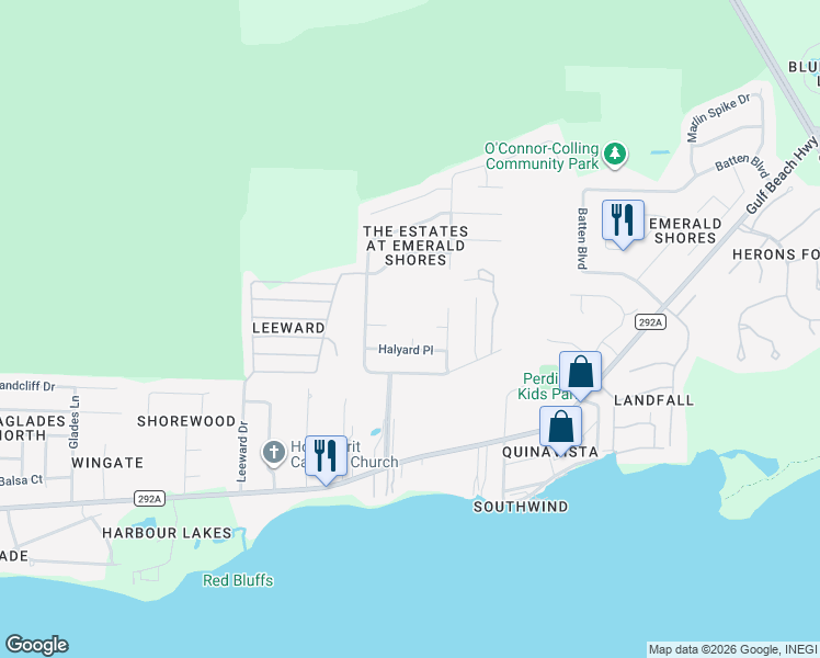 map of restaurants, bars, coffee shops, grocery stores, and more near 125 Belay Way in Pensacola