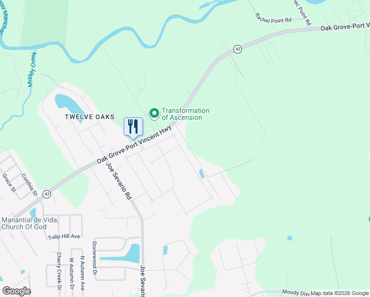 map of restaurants, bars, coffee shops, grocery stores, and more near 17630 Eagles Perch Drive in Prairieville