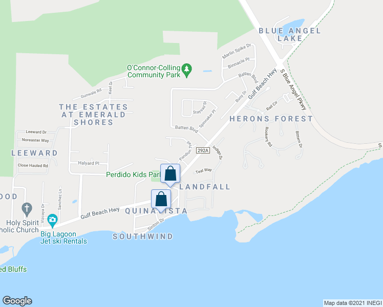 map of restaurants, bars, coffee shops, grocery stores, and more near 9951 Pandion Trail in Pensacola