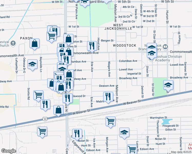 map of restaurants, bars, coffee shops, grocery stores, and more near 3351 Broadway Avenue in Jacksonville