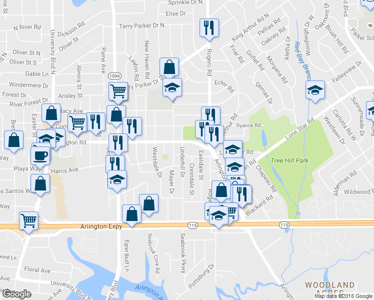 map of restaurants, bars, coffee shops, grocery stores, and more near 1217 Underhill Drive in Jacksonville