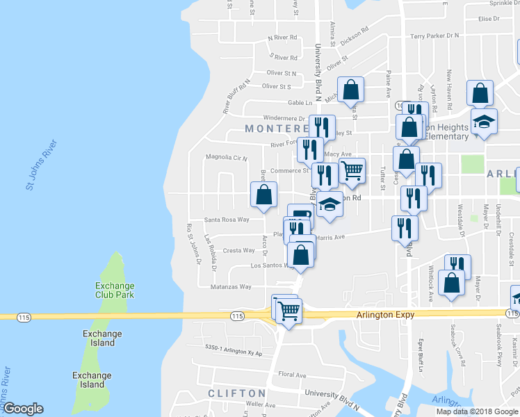 map of restaurants, bars, coffee shops, grocery stores, and more near 1209 Bretta Street in Jacksonville