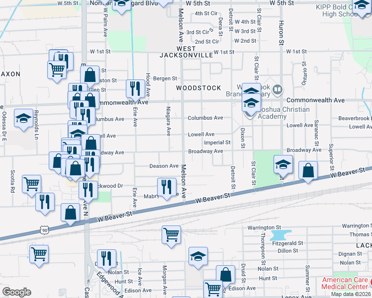 map of restaurants, bars, coffee shops, grocery stores, and more near 808 Melson Avenue in Jacksonville