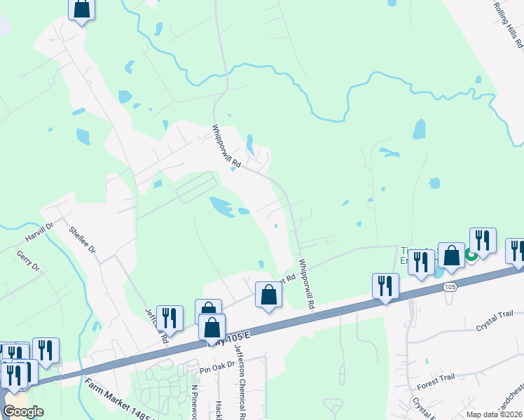 map of restaurants, bars, coffee shops, grocery stores, and more near 1155 Whipporwill Road in Conroe