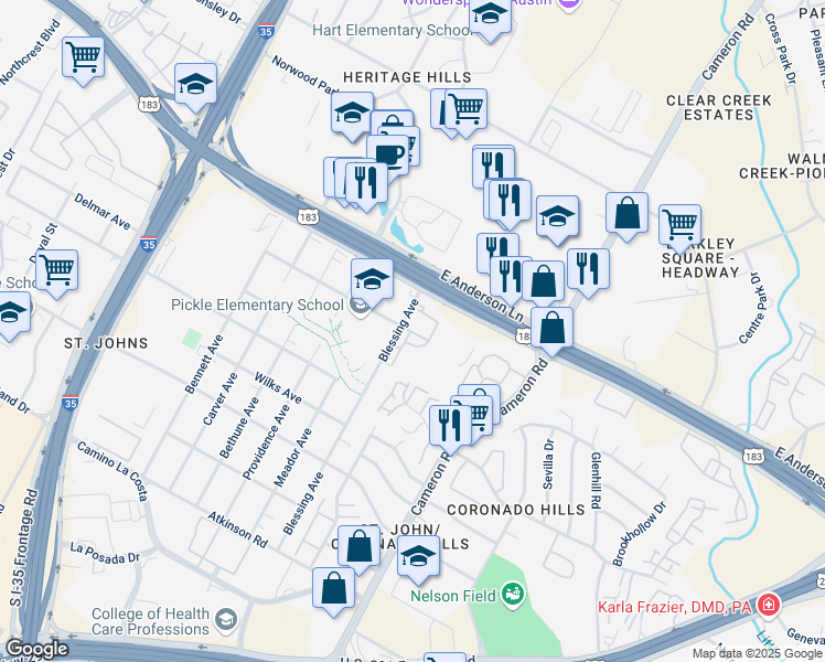 map of restaurants, bars, coffee shops, grocery stores, and more near 7600 Blessing Avenue in Austin