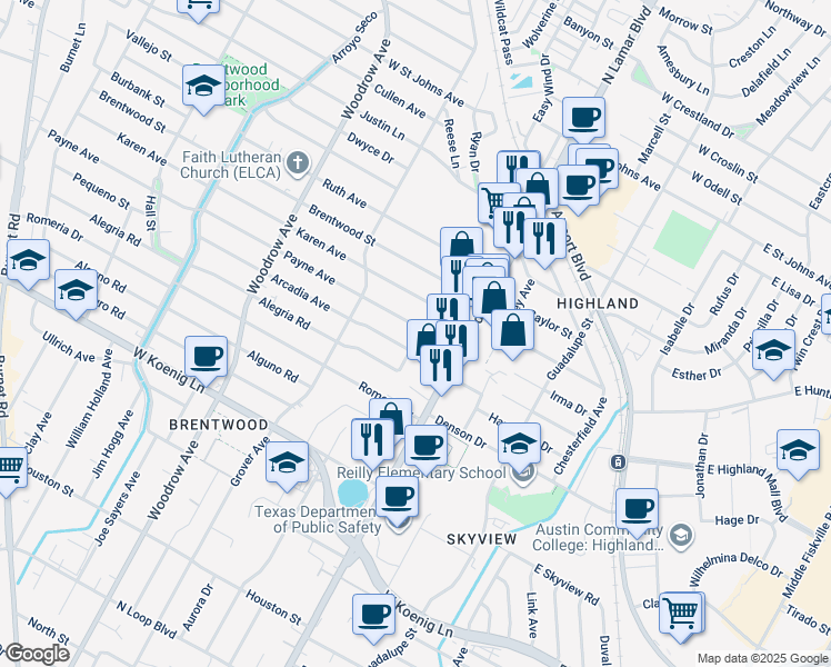map of restaurants, bars, coffee shops, grocery stores, and more near 905 Payne Avenue in Austin