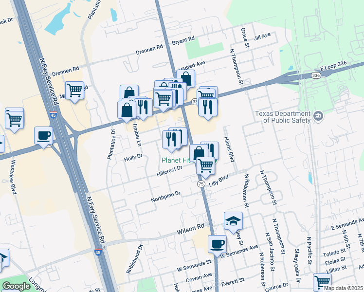 map of restaurants, bars, coffee shops, grocery stores, and more near 2017 North Frazier Street in Conroe