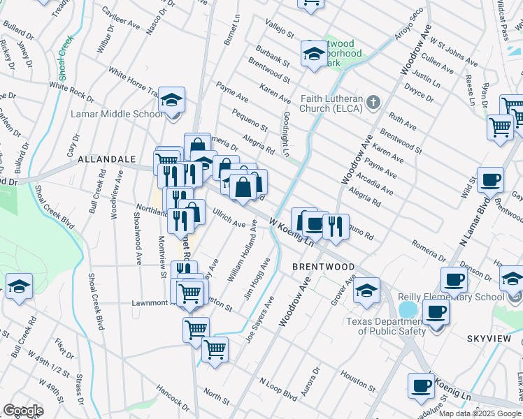 map of restaurants, bars, coffee shops, grocery stores, and more near 1706 West Koenig Lane in Austin