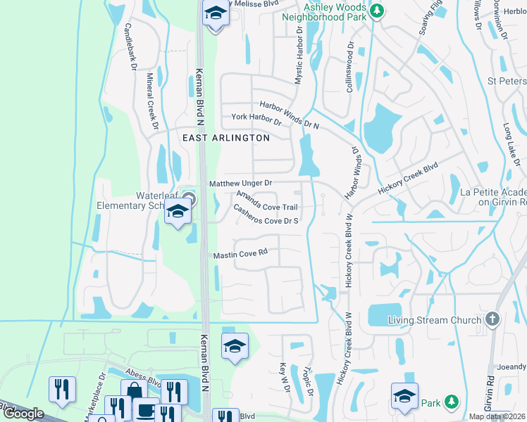 map of restaurants, bars, coffee shops, grocery stores, and more near 12350 Amanda Cove Trail in Jacksonville