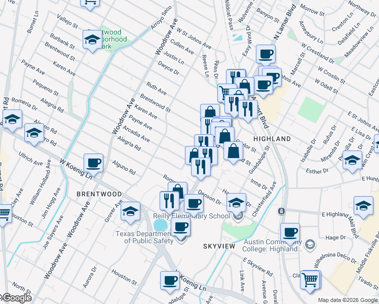 map of restaurants, bars, coffee shops, grocery stores, and more near 905 Payne Avenue in Austin