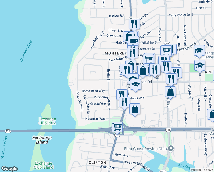 map of restaurants, bars, coffee shops, grocery stores, and more near 1200 Bretta Street in Jacksonville