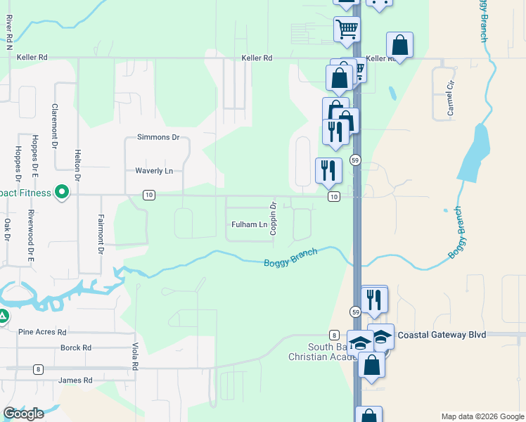 map of restaurants, bars, coffee shops, grocery stores, and more near 19710-19834 County Road 10 in Foley