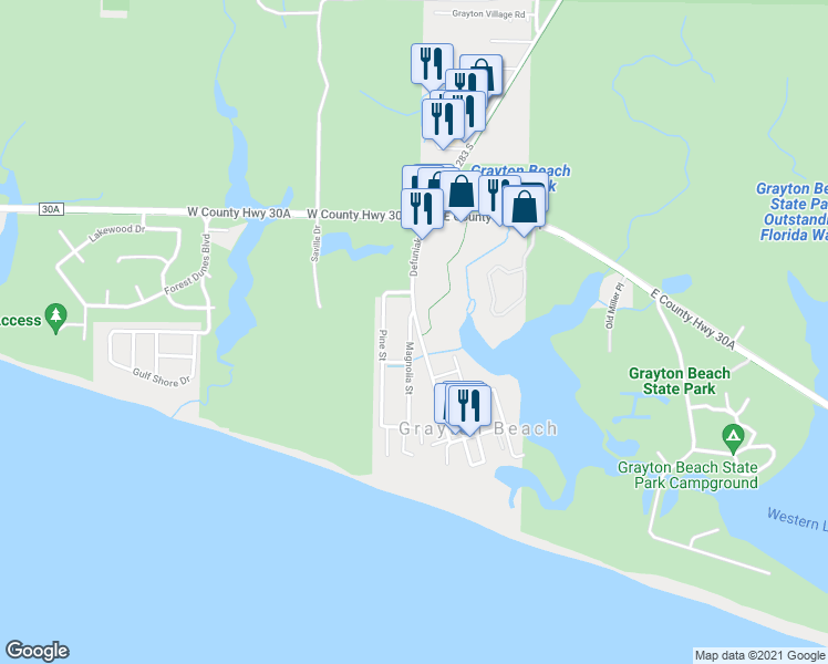 map of restaurants, bars, coffee shops, grocery stores, and more near 21 Magnolia Street in Santa Rosa Beach