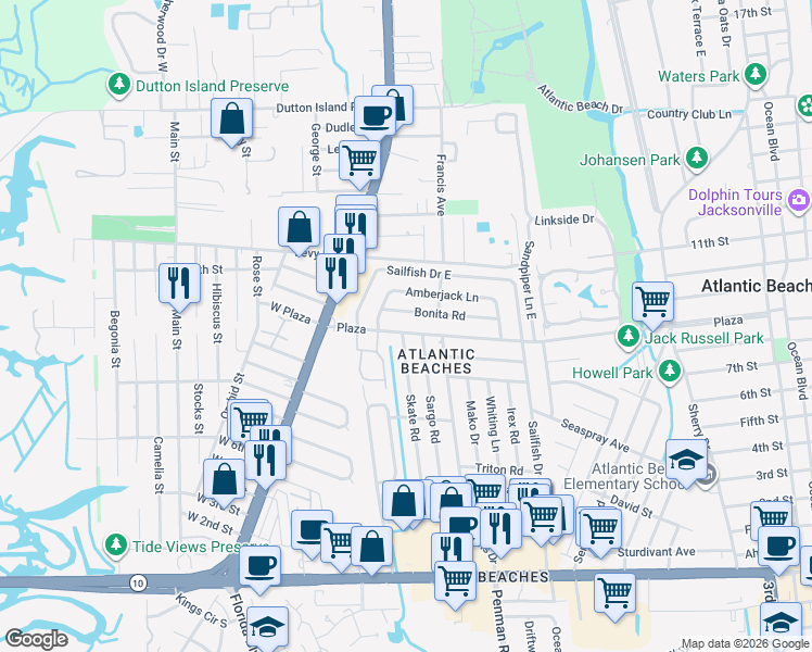 map of restaurants, bars, coffee shops, grocery stores, and more near 845 Plaza in Atlantic Beach