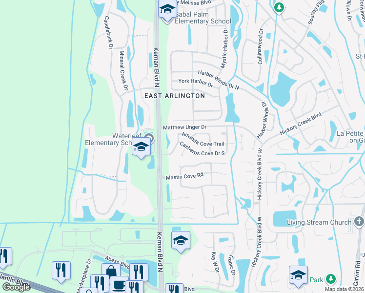 map of restaurants, bars, coffee shops, grocery stores, and more near 440 Rolling Rock Court in Jacksonville