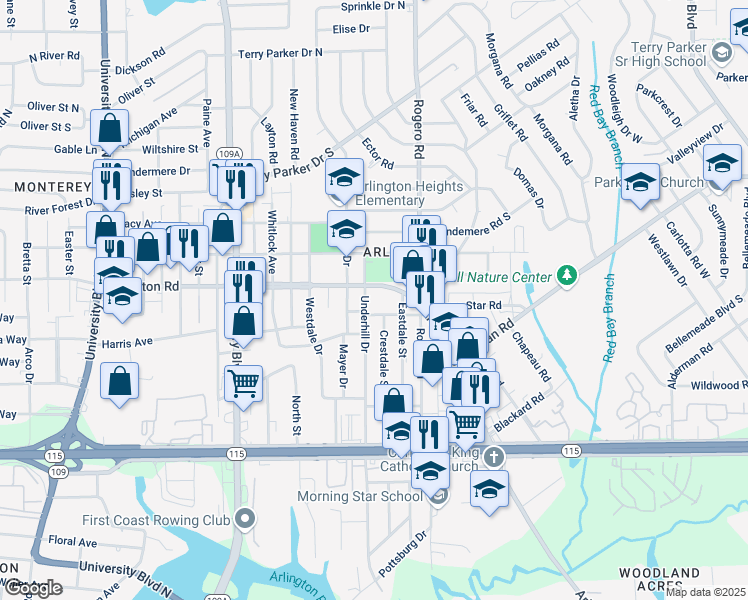 map of restaurants, bars, coffee shops, grocery stores, and more near 1217 Underhill Drive in Jacksonville