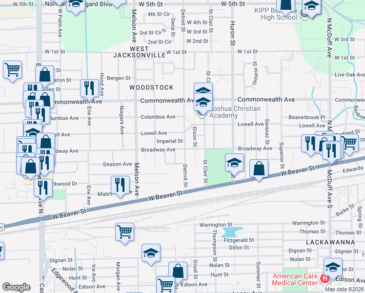 map of restaurants, bars, coffee shops, grocery stores, and more near 3007 Broadway Avenue in Jacksonville