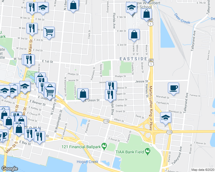 map of restaurants, bars, coffee shops, grocery stores, and more near 723 Odessa Street in Jacksonville
