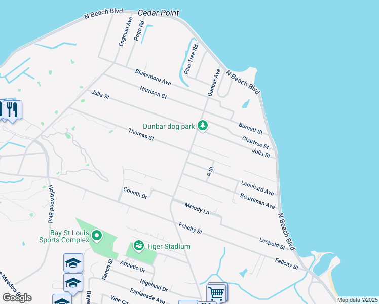 map of restaurants, bars, coffee shops, grocery stores, and more near 400 Thomas Street in Bay St. Louis