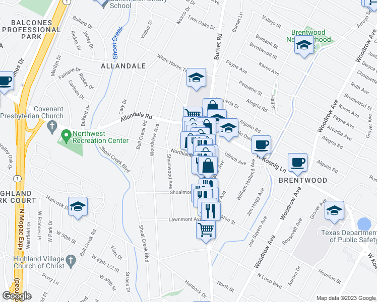 map of restaurants, bars, coffee shops, grocery stores, and more near 2100 Northland Drive in Austin