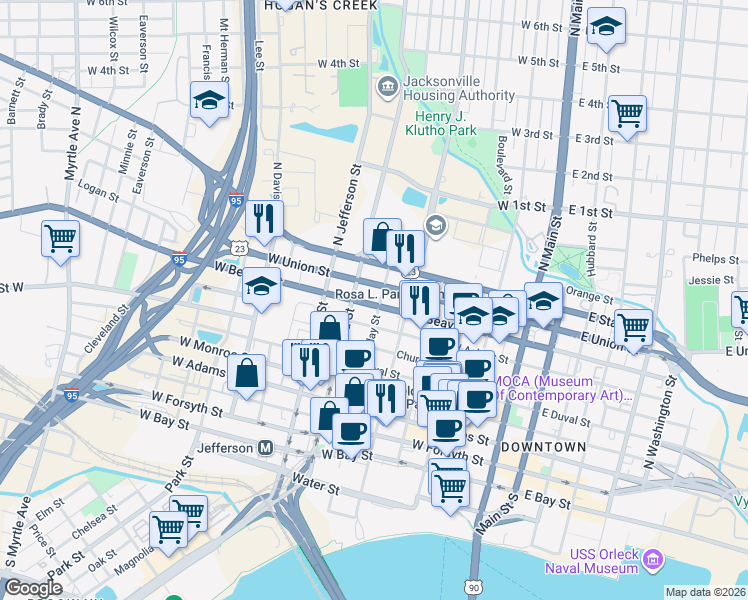 map of restaurants, bars, coffee shops, grocery stores, and more near 511 West Beaver Street in Jacksonville