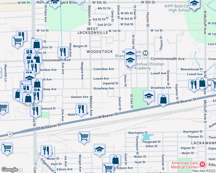 map of restaurants, bars, coffee shops, grocery stores, and more near 3053 Broadway Avenue in Jacksonville