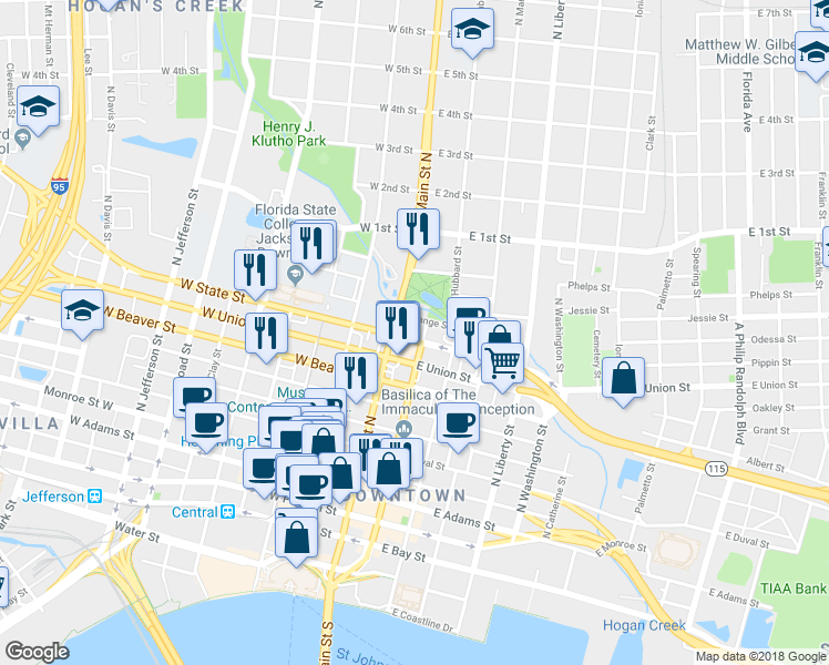map of restaurants, bars, coffee shops, grocery stores, and more near 901 North Main Street in Jacksonville