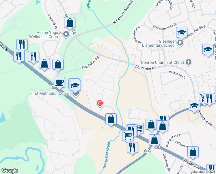map of restaurants, bars, coffee shops, grocery stores, and more near 2514 Holly Laurel Manor in Conroe