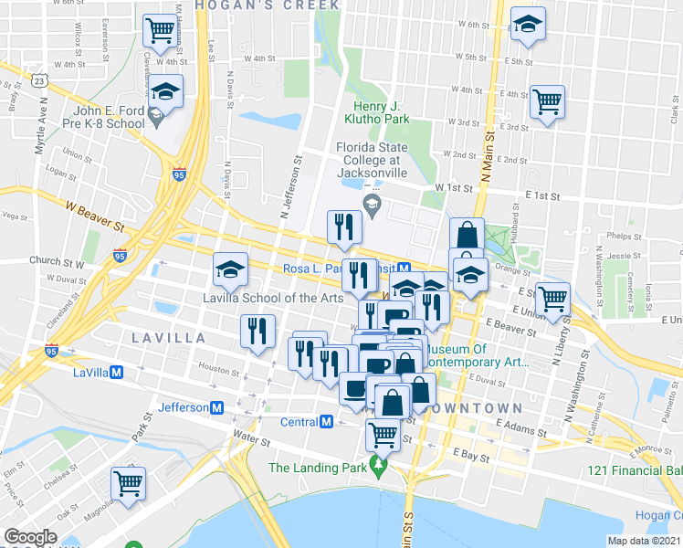 map of restaurants, bars, coffee shops, grocery stores, and more near 716 North Pearl Street in Jacksonville