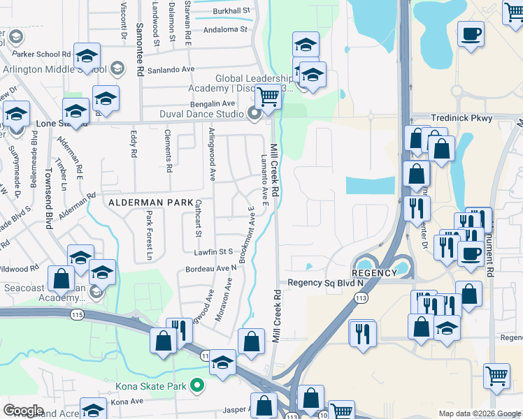 map of restaurants, bars, coffee shops, grocery stores, and more near 1230 Lamanto Avenue East in Jacksonville
