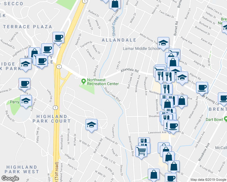 map of restaurants, bars, coffee shops, grocery stores, and more near 5603 Shoal Edge Ct in Austin