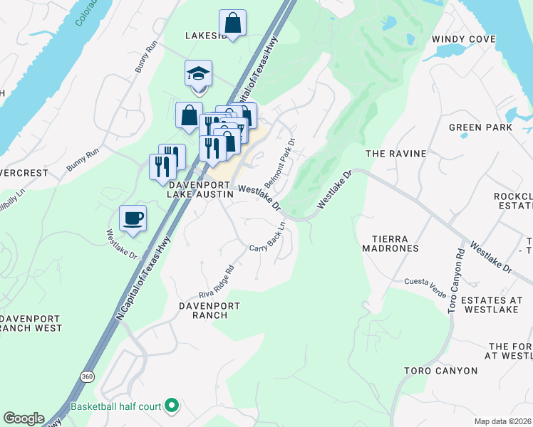 map of restaurants, bars, coffee shops, grocery stores, and more near 4222 Westlake Drive in Austin