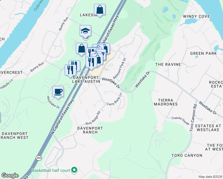map of restaurants, bars, coffee shops, grocery stores, and more near 5810 Buckpasser Cove in Austin