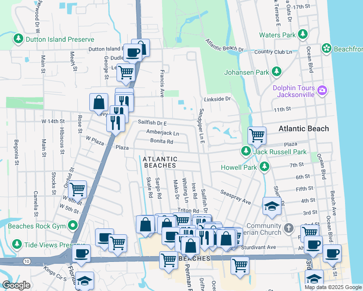 map of restaurants, bars, coffee shops, grocery stores, and more near 710 Bonita Road in Atlantic Beach