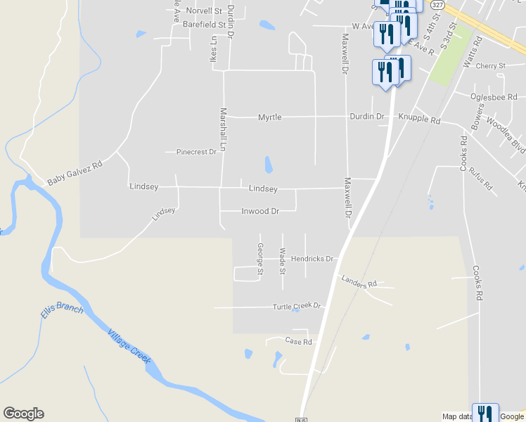 map of restaurants, bars, coffee shops, grocery stores, and more near 119 Inwood Drive in Silsbee